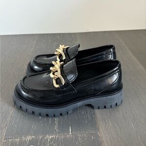 Jeffrey Campbell Black Chunky Platform Loafers with Gold Chain